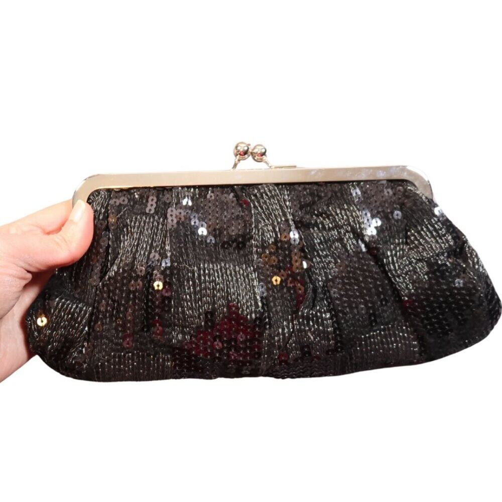 Black Clutch Satin Sequin 2 Chain Straps Xbody Shoulder Bag Holiday Party NWT